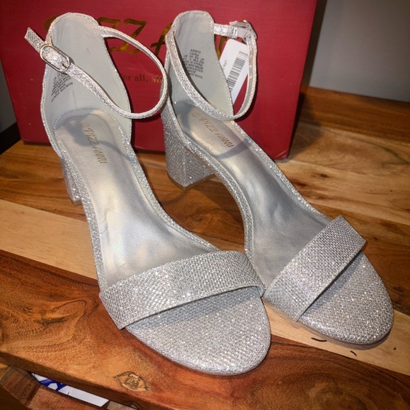 Silver Glitter Heeled Sandals with Ankle Strap - Picture 1 of 6